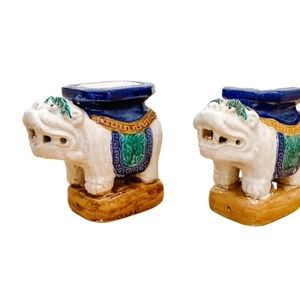 Pair vintage foo dog plant stand bookends Guardian lions terracotta